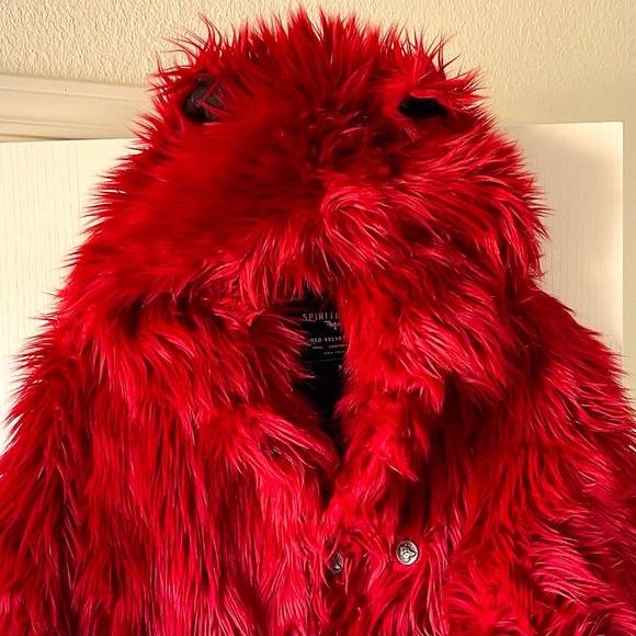 SpiritHoods Red Velvet Wolf Faux Fur Hooded Coat Vegan Small EUC - Picture 7 of 12